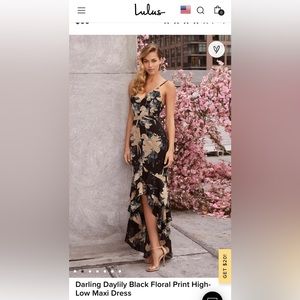 Lulu’s Darling Daylily Black Floral Print High-Low Maxi Dress